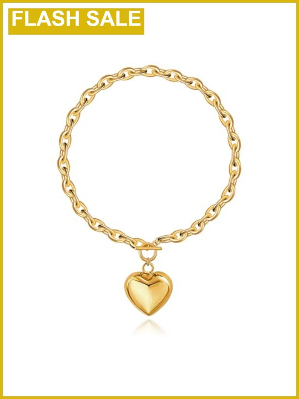 Chunky Gold Plated Heart Pendant Necklace Cuban Chain Toggle 19.7in